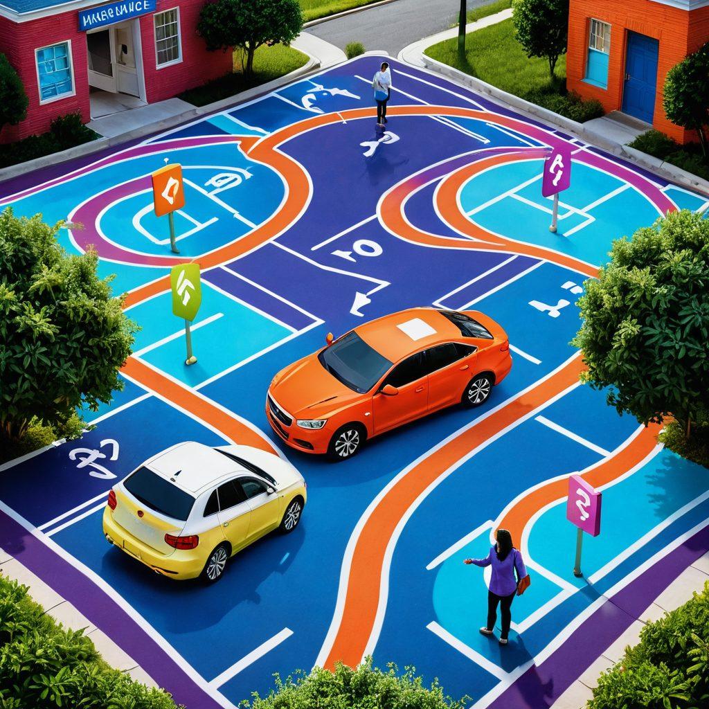 A couple holding hands, standing at a crossroads filled with signage pointing towards various types of insurance policies. They appear thoughtful, surrounded by symbols of health, car, and home insurance. Bright, playful colors create a friendly atmosphere, while a gentle maze pattern weaves through the background, symbolizing the complexity of insurance. Accompanying elements include question marks and lightbulbs to signify tips and advice. vibrant colors. 3D.