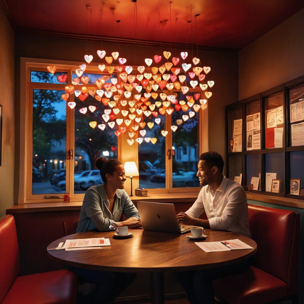 A romantic scene depicting a couple sitting at a cozy café, surrounded by floating heart shapes made of insurance documents and policies. They are engaged in conversation, with one partner pointing at a laptop displaying comparison charts. Soft lighting and a warm atmosphere enhance the love theme. The background features abstract icons representing different insurance types. vibrant colors. super-realistic.