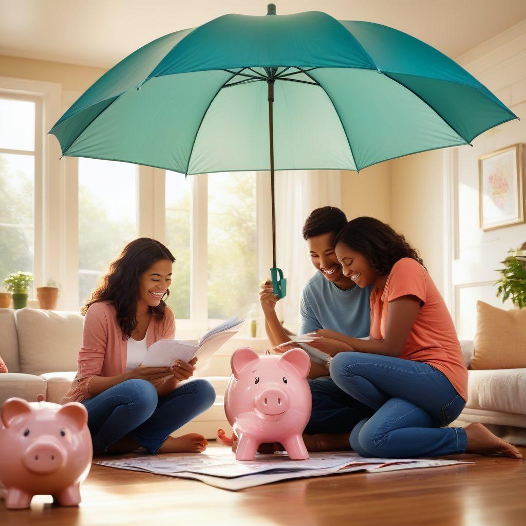 A heartwarming family scene with diverse family members engaging in joyful activities, surrounded by symbolic elements of insurance such as a protective umbrella, a piggy bank, and paperwork. The background features a cozy home illuminated by warm sunlight, signifying security and care. Overall, evoke feelings of love and protection. super-realistic. vibrant colors. soft focus.